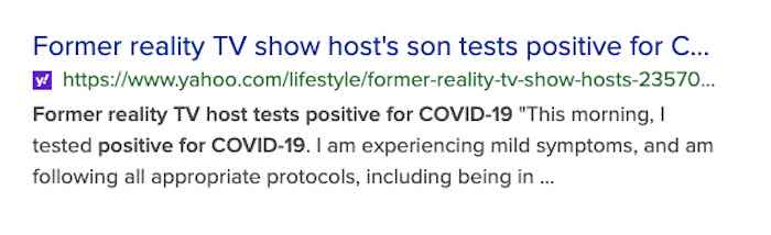 Former reality TV show host’s son tests positive for COVID-19