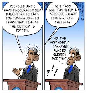 Barack and Michelle getting their daughters to take low paying jobs