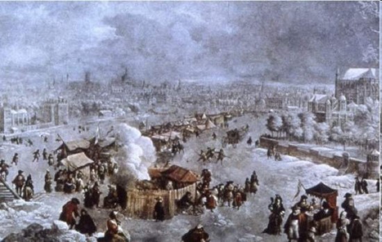 The Great Frost  by Jan Grif(f)ier, depicting inhabitants of London on the frozen Thames River