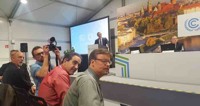 Marc Morano (red shirt) and Craig Rucker (green shirt) attending the US pro-fossil fuel event at COP24. Image credit: Leo Hickman
