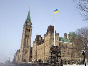 Ukrainian flag being proudly flown on Parliament Hill