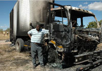 The charred remains of the delivery truck ambushed while carrying The Zimbabwean on sunday - torched on sat night by gunmen toting AK-47s.  The driver Christmas Ramabulana.